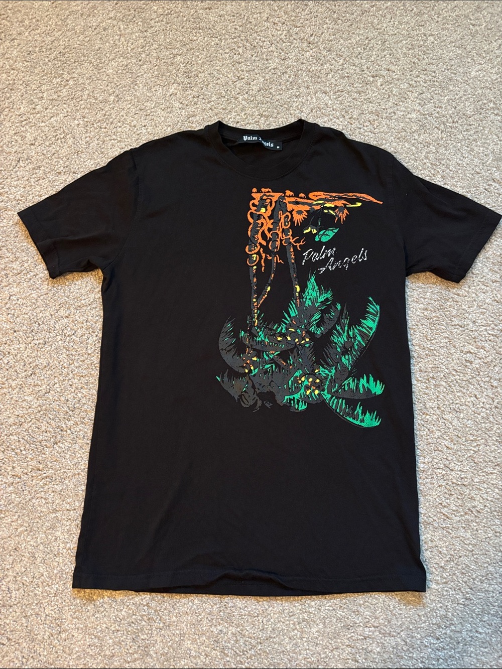 Palm Angels Black Tee with Orange and Green Palm Graphic Mens medium M